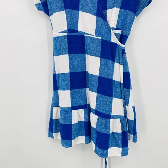 Old Navy Size Large Petite LP Blue & White Plaid Linen Summer Wrap Dress - Picture 7 of 14
